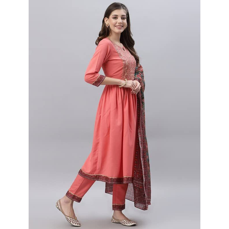 Sanisa Women's Embroidery Poly Rayon. A-Line Kurta Set With Dupatta (28Kbd374N-M_Peach4)