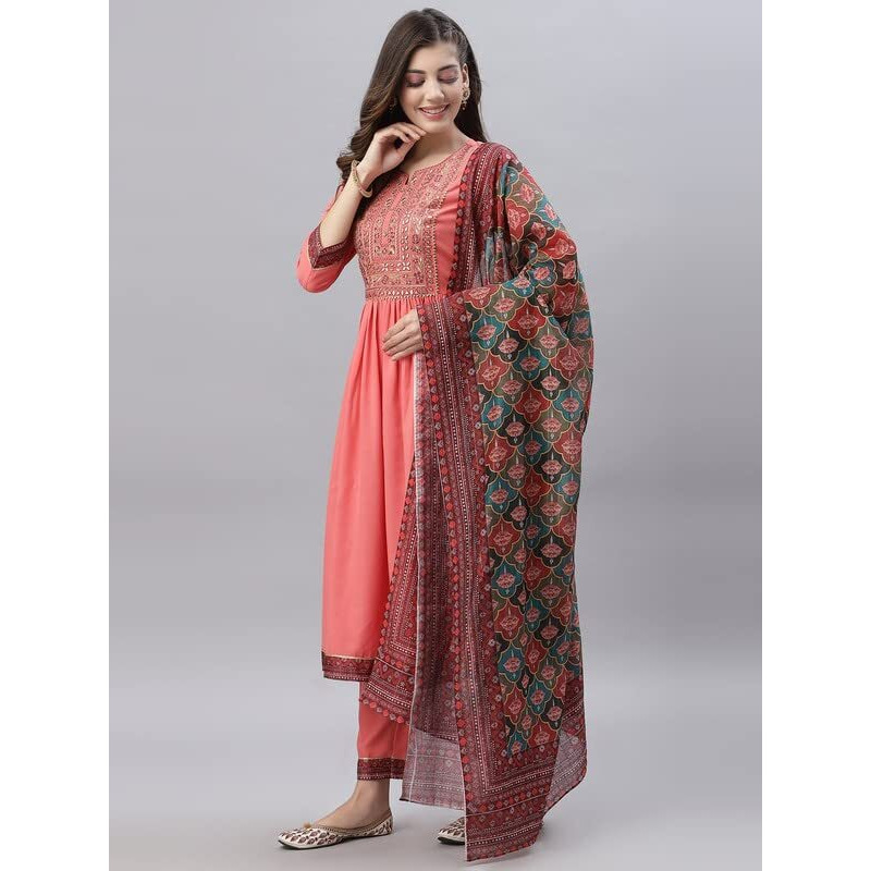 Sanisa Women's Embroidery Poly Rayon. A-Line Kurta Set With Dupatta (28Kbd374N-M_Peach4)