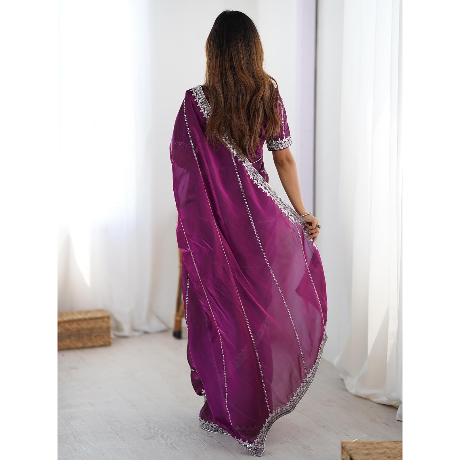 Satrani Women's Tissue Silk Sequin Embroidery Saree With Unstitched Blouse Piece (4472S115N_Purple)