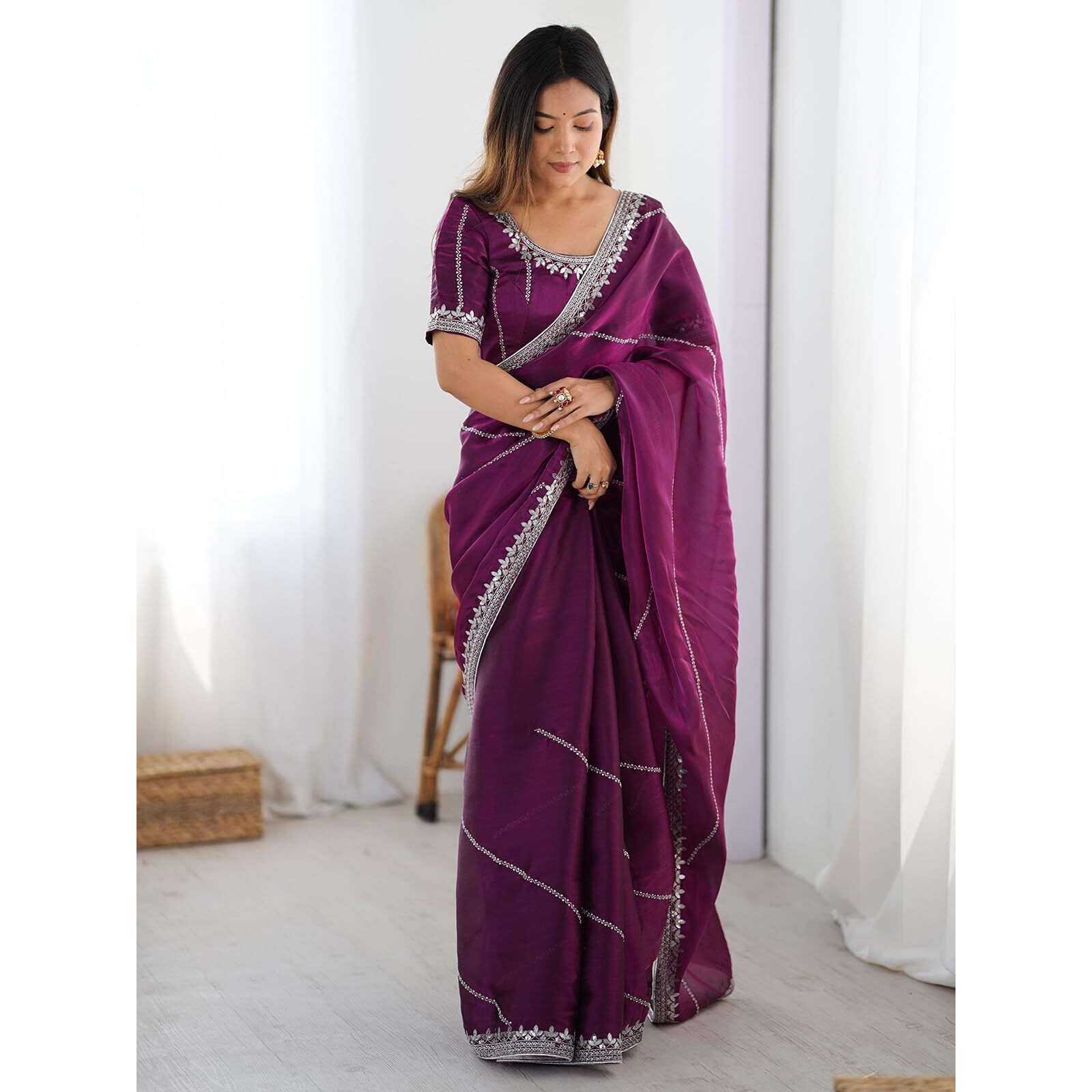 Satrani Women's Tissue Silk Sequin Embroidery Saree With Unstitched Blouse Piece (4472S115N_Purple)