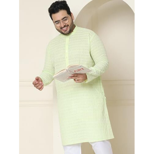 Sojanya Plus(Since 1958) Men's Pure Cotton Green Kurta With White Embroidery