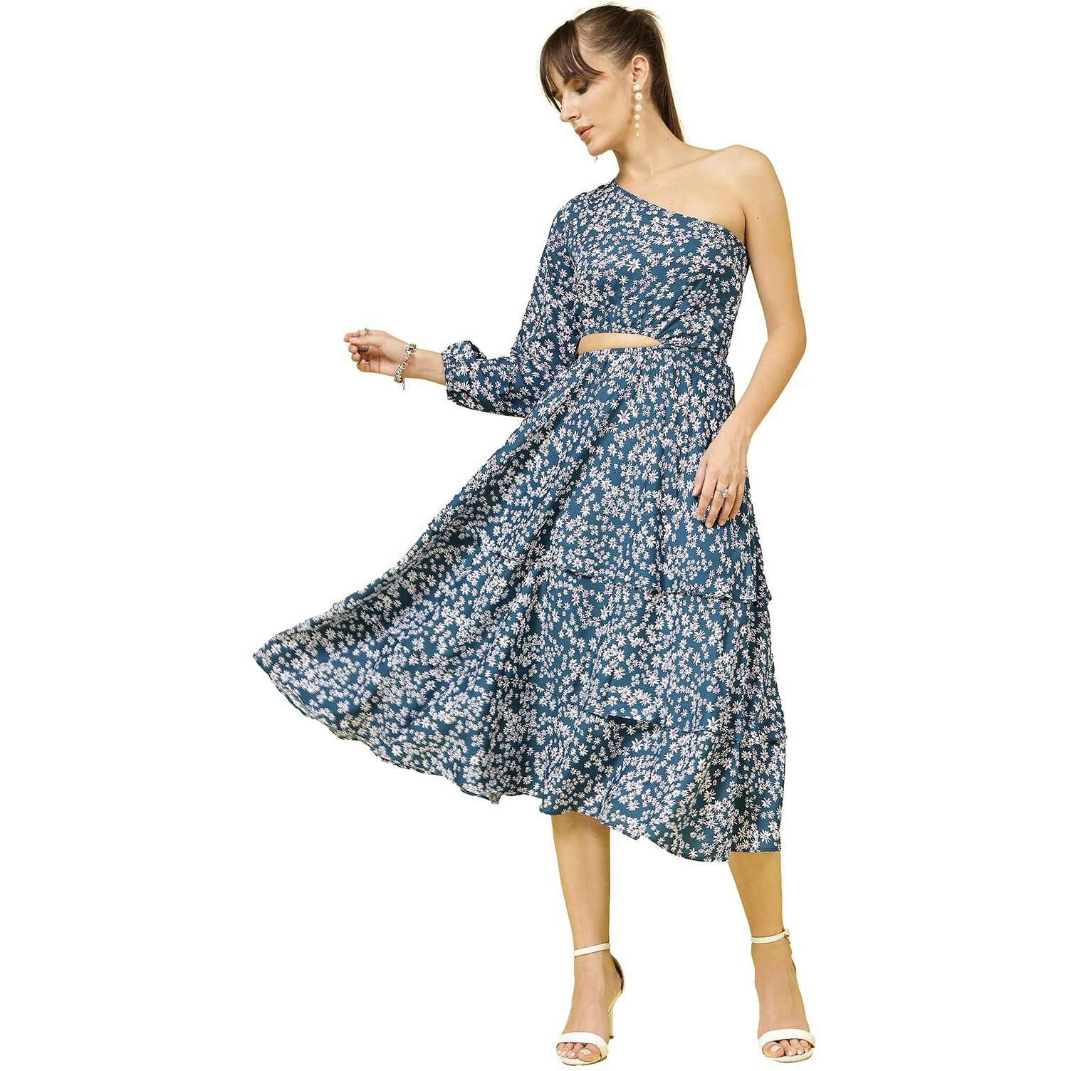 Oomph Women's Western & Fusion Wear Printed Crepe Dress For Women, One Shoulder, Blue - Md1066