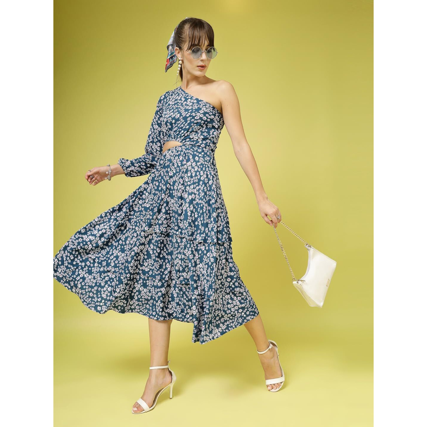 Oomph Women's Western & Fusion Wear Printed Crepe Dress For Women, One Shoulder, Blue - Md1066