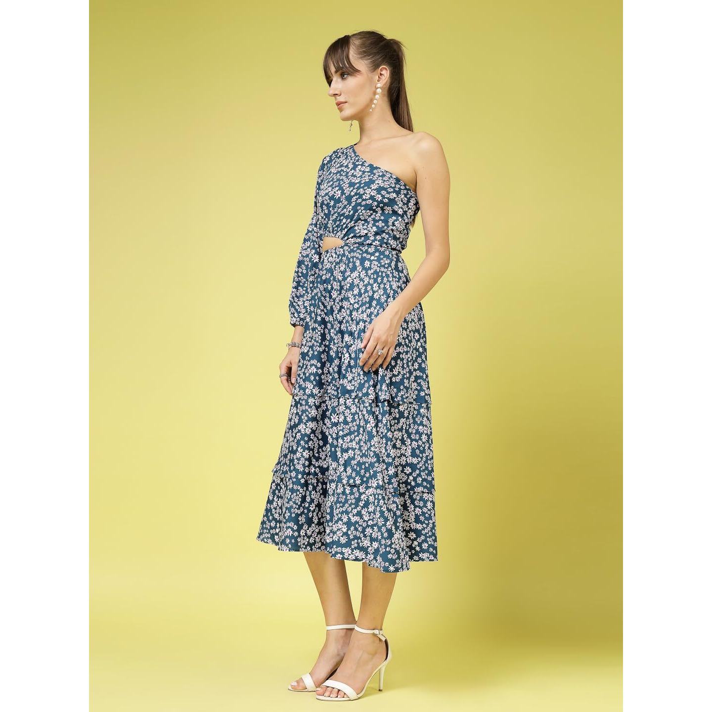 Oomph Women's Western & Fusion Wear Printed Crepe Dress For Women, One Shoulder, Blue - Md1066