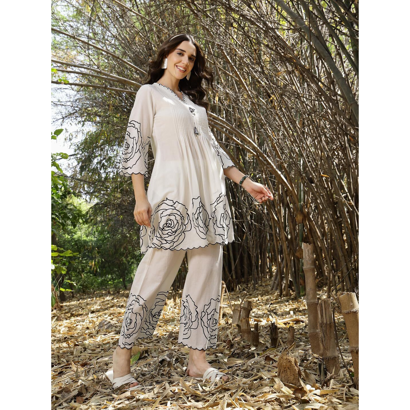 Stylum Women's Floral & Embroidered Cotton Short Kurti Set (Cswhitezinpa36_White, S)