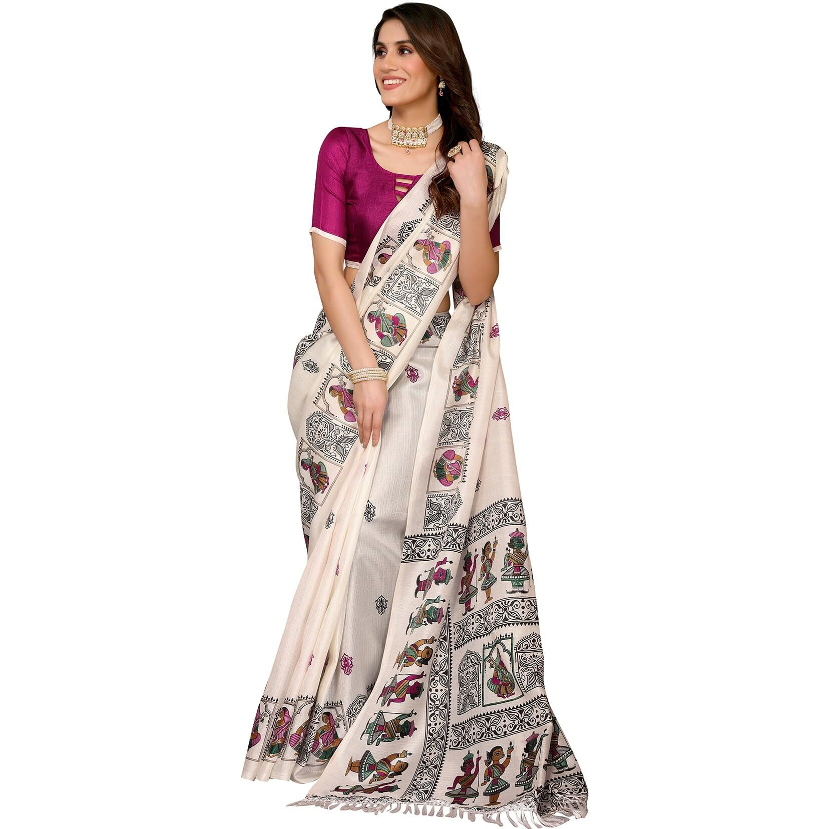 Yashika Women's Woven Latest Art Silk And Tassels Saree With Unstitched Blouse Material (Az-Ys-P2-Nafiza-Parent_Cream Purple)