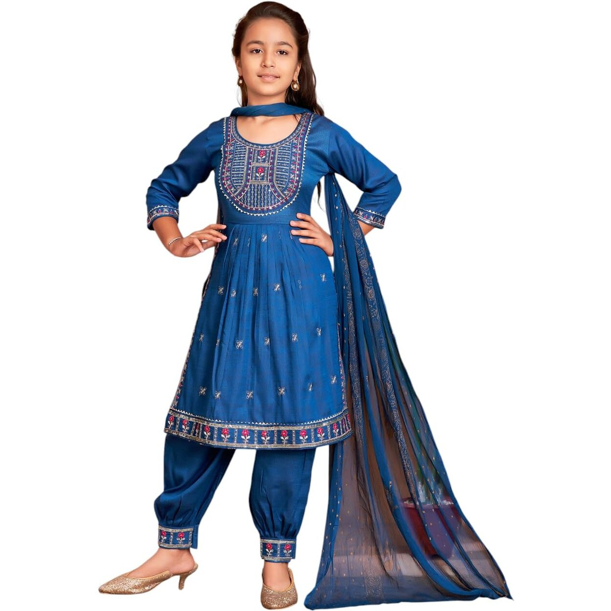 Aarika Girls Ethnic Wear Blue Colour Thread Embroidery Kurti Patiala Set-(4-13 Years)-(Pt-Tr-K-1051-Blue-24)