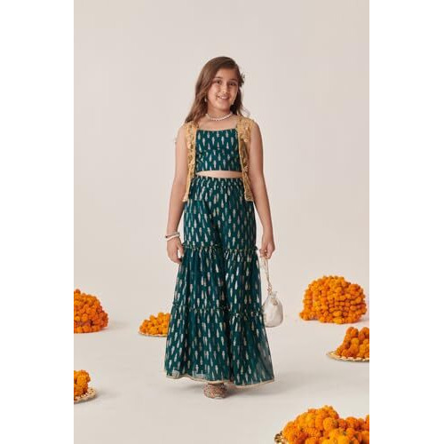Pspeaches Girl's Georgette Sharara Set (Sha-Tealggt-14-15Y_Teal