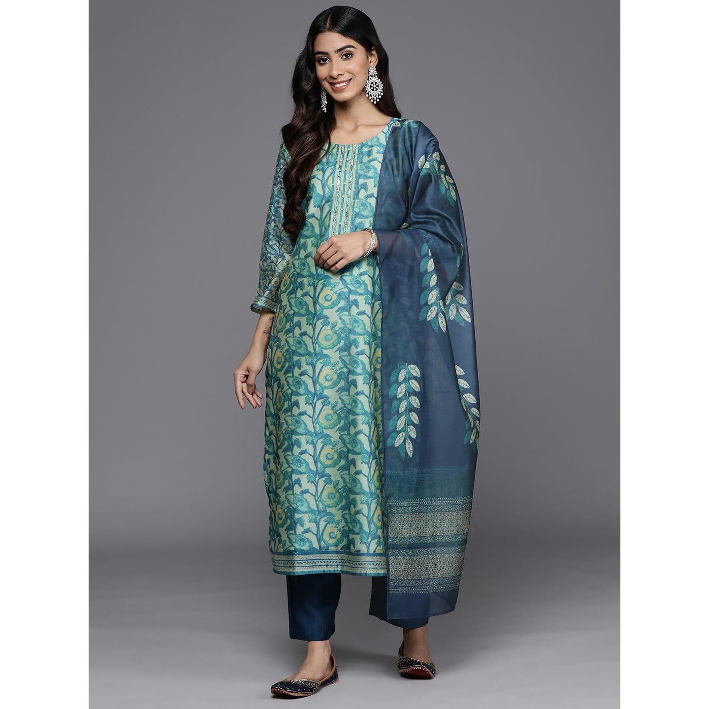 Varanga Women Sea Green Floral Printed Kurta Set  Stylish Kurti Set With Bottom & Printed Dupatta  Ethnic Wear For Women (Extra Large)