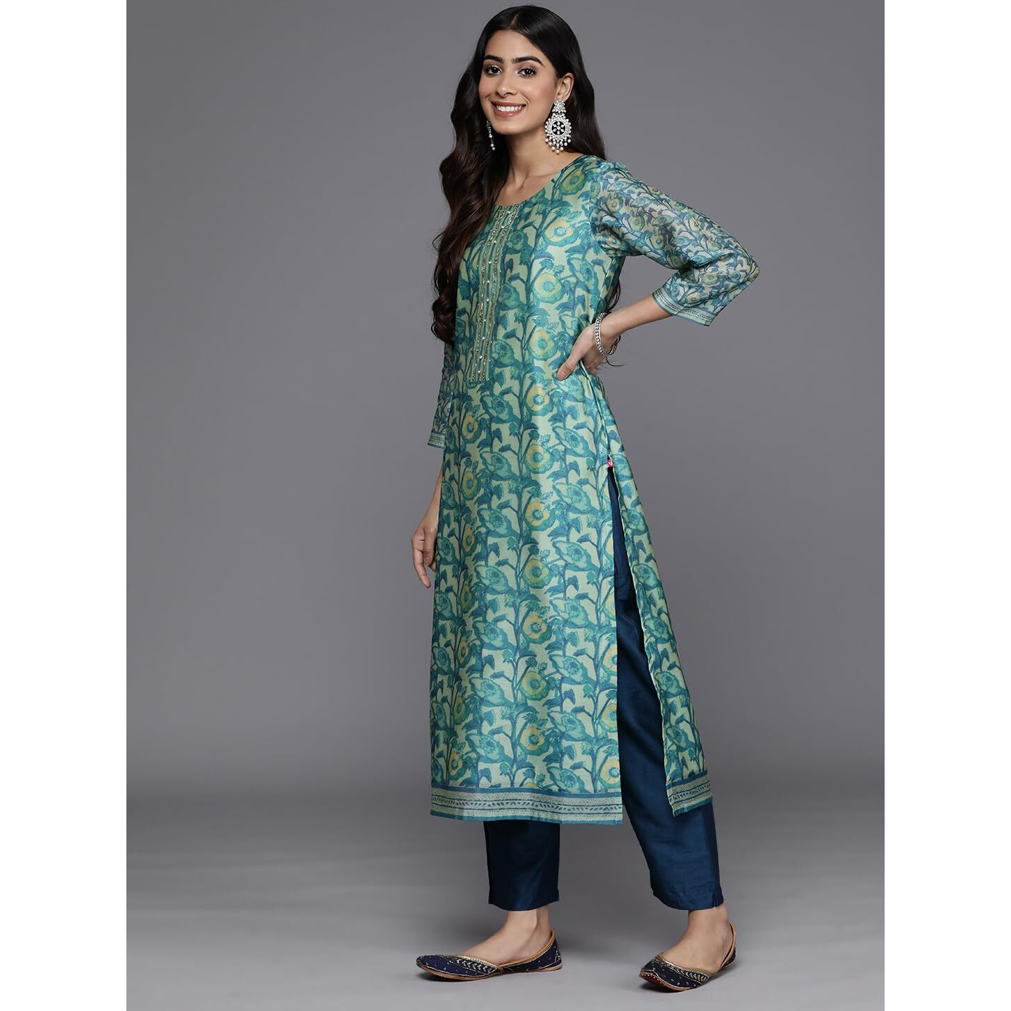 Varanga Women Sea Green Floral Printed Kurta Set  Stylish Kurti Set With Bottom & Printed Dupatta  Ethnic Wear For Women (Extra Large)