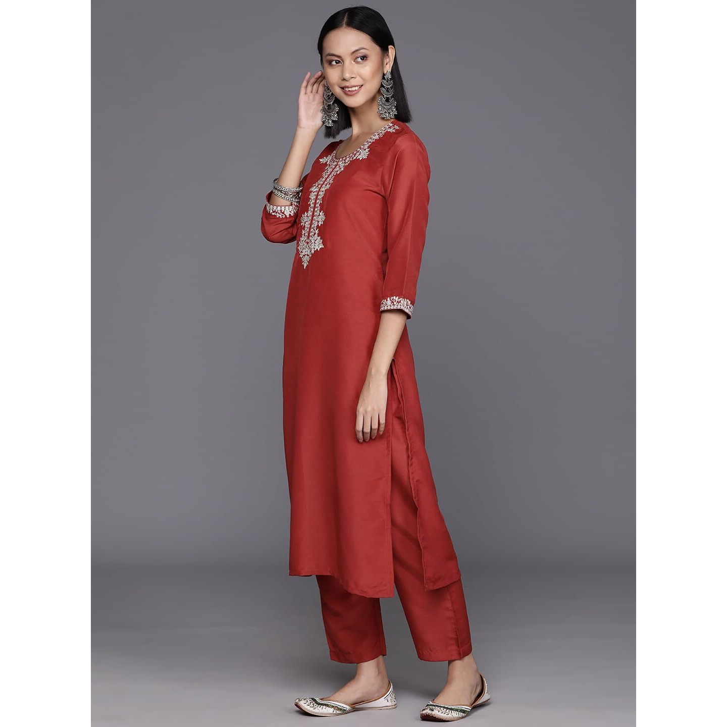 Varanga Women Rust Zari Kurta With Solid Trouser And Dupatta Set