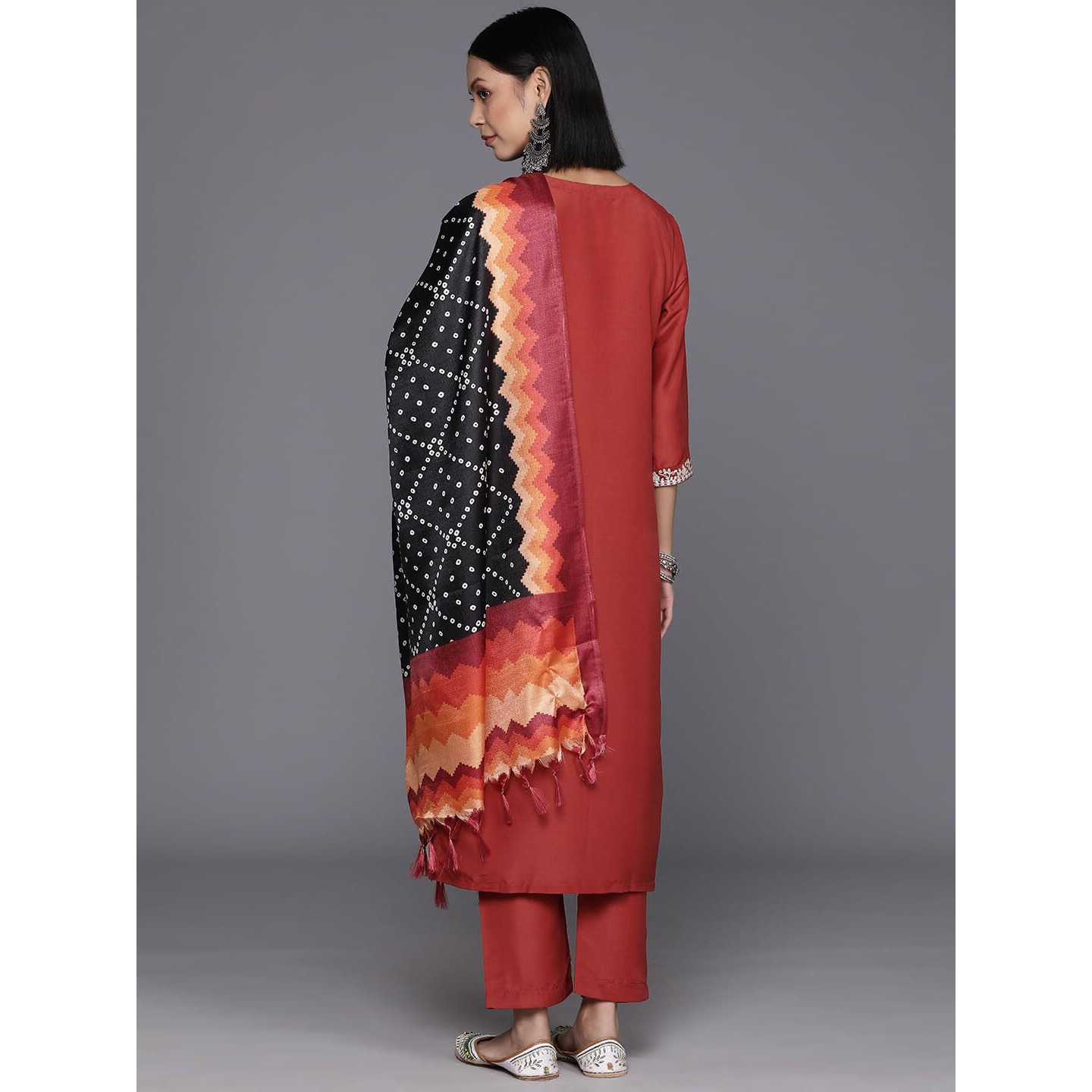 Varanga Women Rust Zari Kurta With Solid Trouser And Dupatta Set