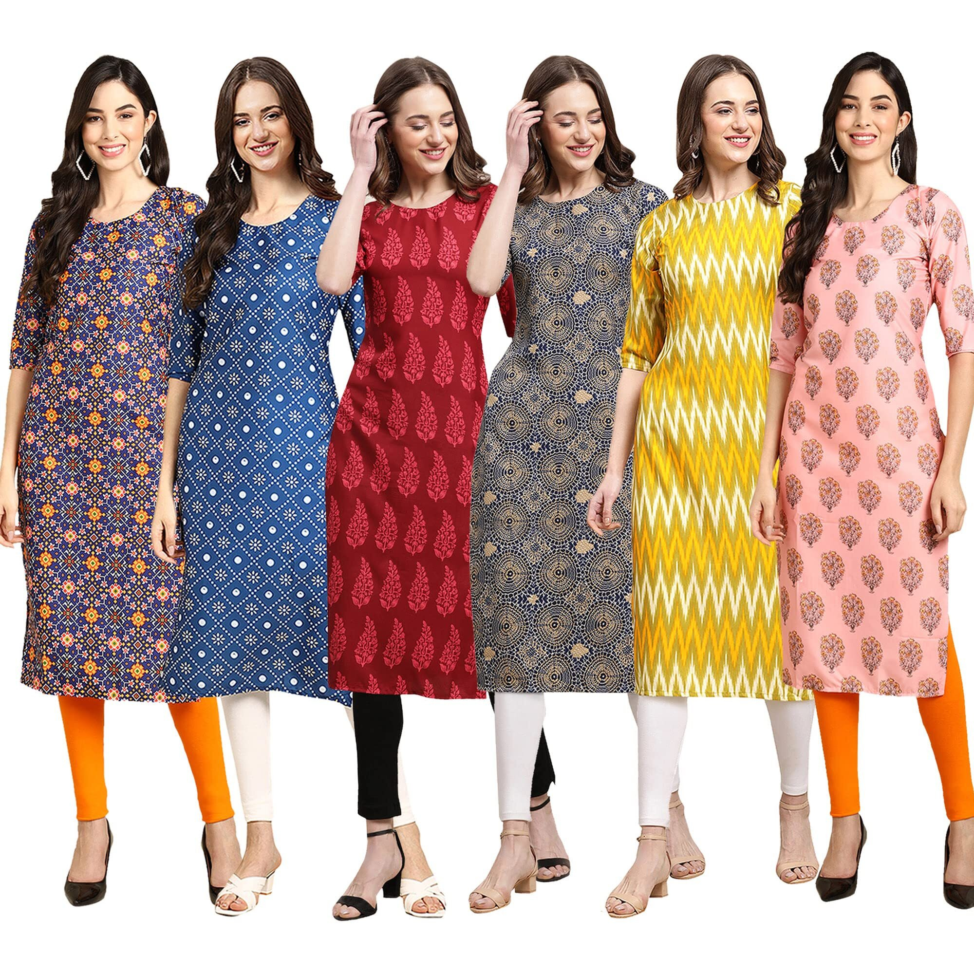 Pinkmint Women's Crepe Digital Print Straight Kurta Pack Of 6 [Cr-369-353-337-341-329-368-L]