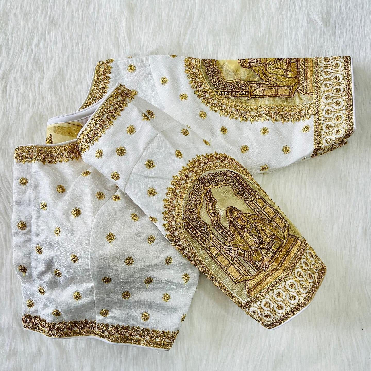 Vihu Fashion Women's Heavy Embroidery Coding With Sequins And Diamond Work Half Sleeves Fancy Cutwork Readymade Saree Blouse.(Palace White_38)