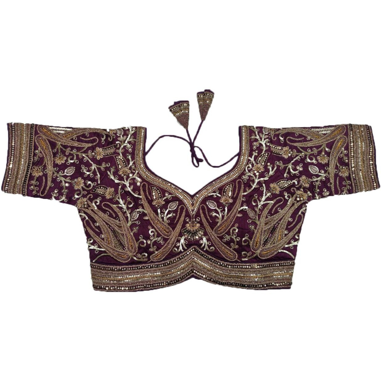 Pujia Mills Womens Embroidery Readymade Bridal Blouse Copper Coding Glitter Sequence Thread Work Indian Ethnic Designer Stitched Half Sleeve Readymade Wine Blouse Women Saree Bridal Lehenga Choli