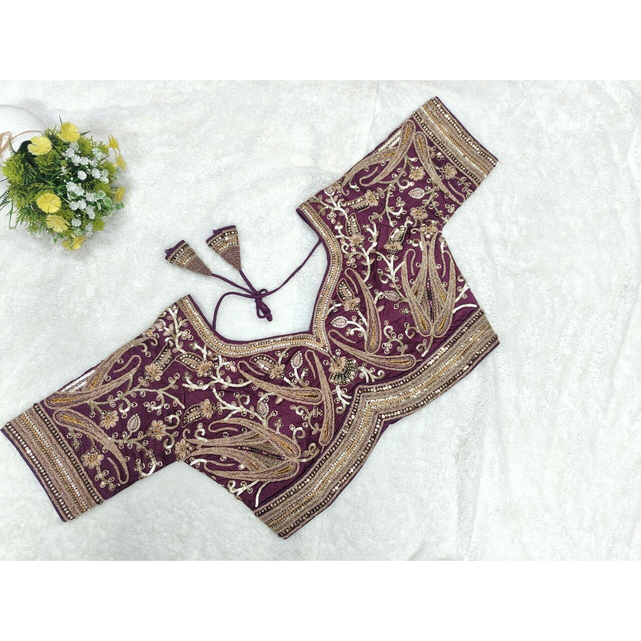 Pujia Mills Womens Embroidery Readymade Bridal Blouse Copper Coding Glitter Sequence Thread Work Indian Ethnic Designer Stitched Half Sleeve Readymade Wine Blouse Women Saree Bridal Lehenga Choli