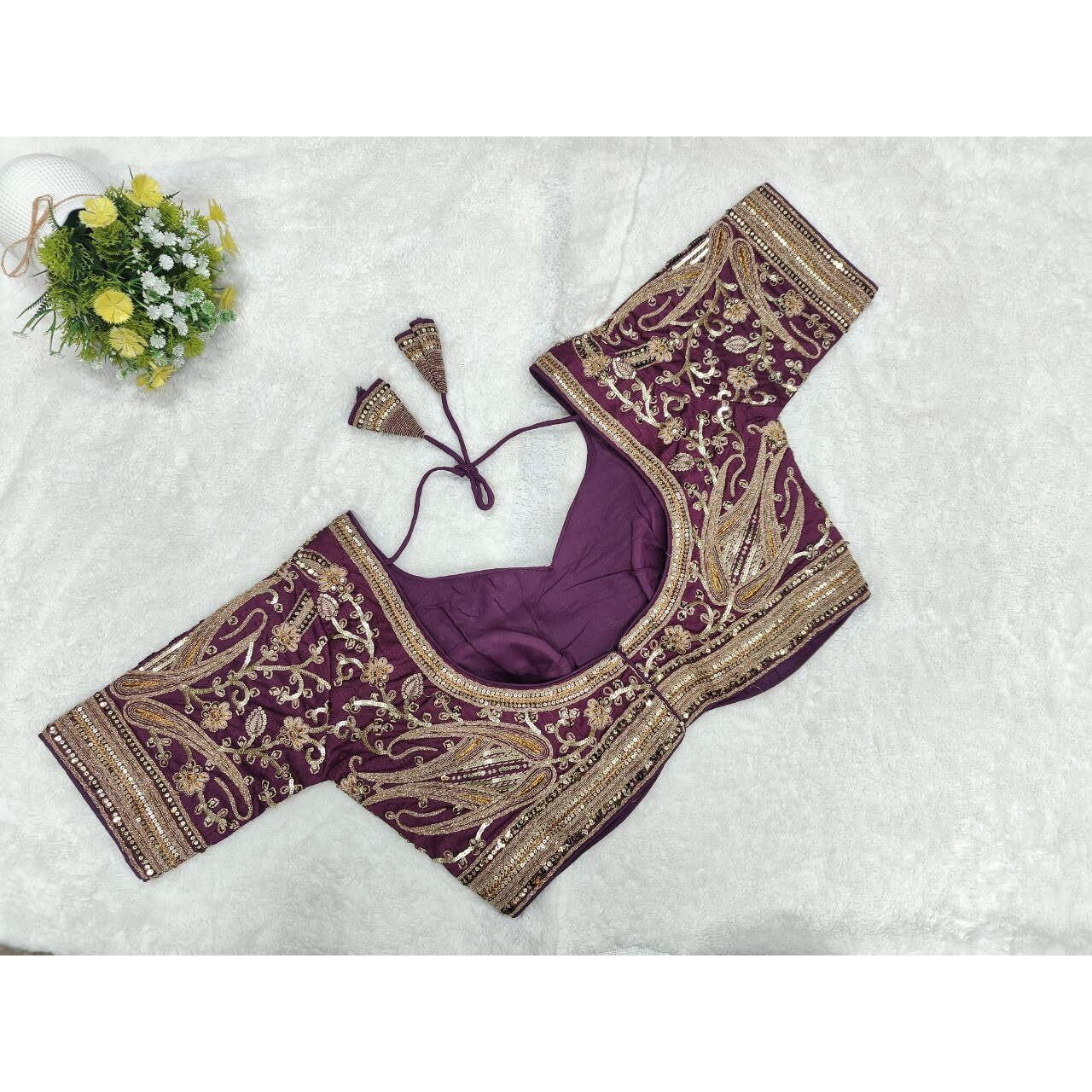 Pujia Mills Womens Embroidery Readymade Bridal Blouse Copper Coding Glitter Sequence Thread Work Indian Ethnic Designer Stitched Half Sleeve Readymade Wine Blouse Women Saree Bridal Lehenga Choli