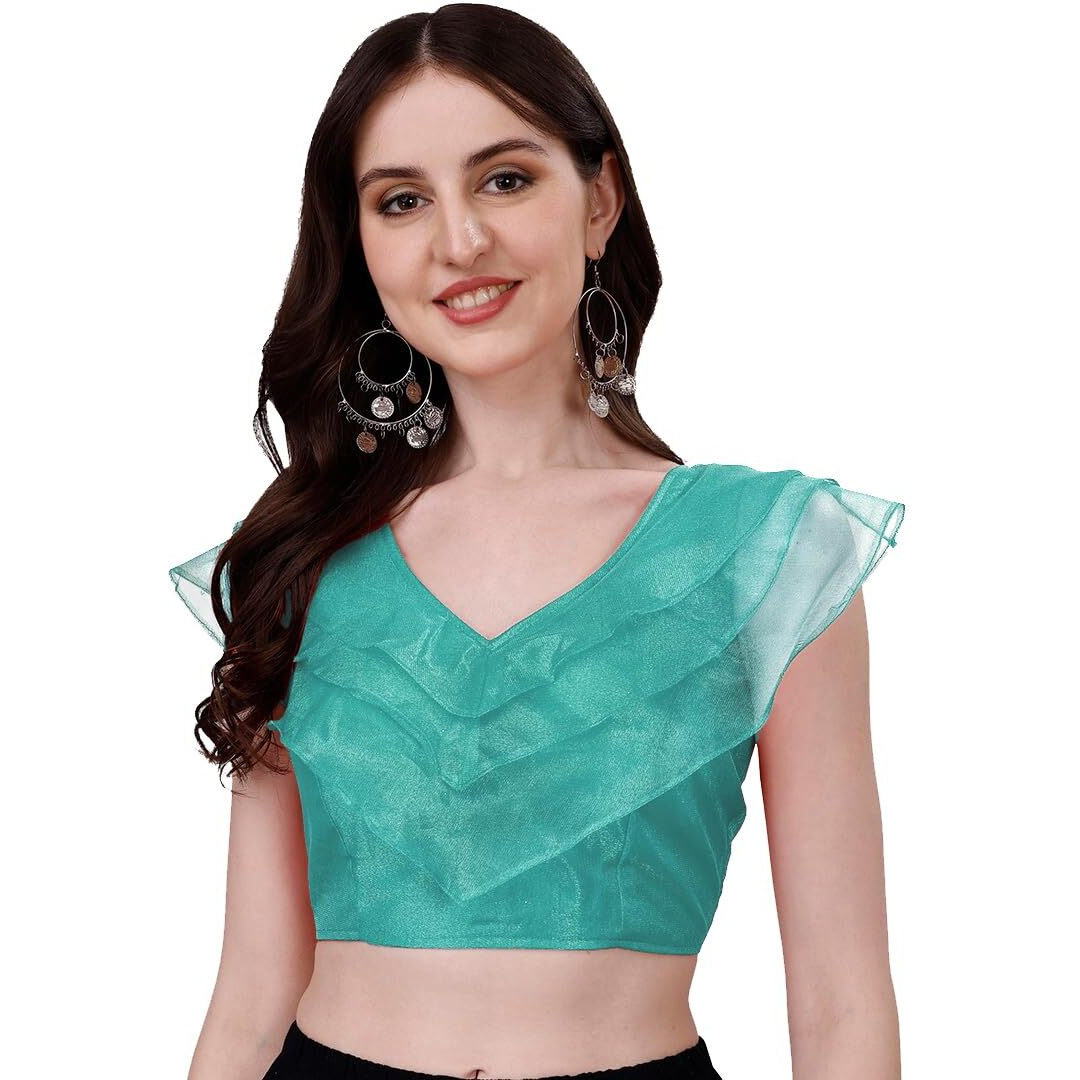 Pujia Mills Women's V Neck Orgenza Three Layer Ruffle Sleeve Frill Readymade Saree Blouse