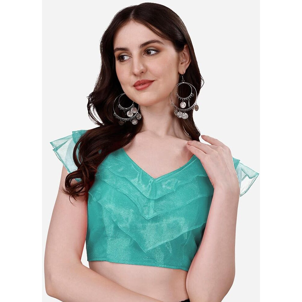 Pujia Mills Women's V Neck Orgenza Three Layer Ruffle Sleeve Frill Readymade Saree Blouse
