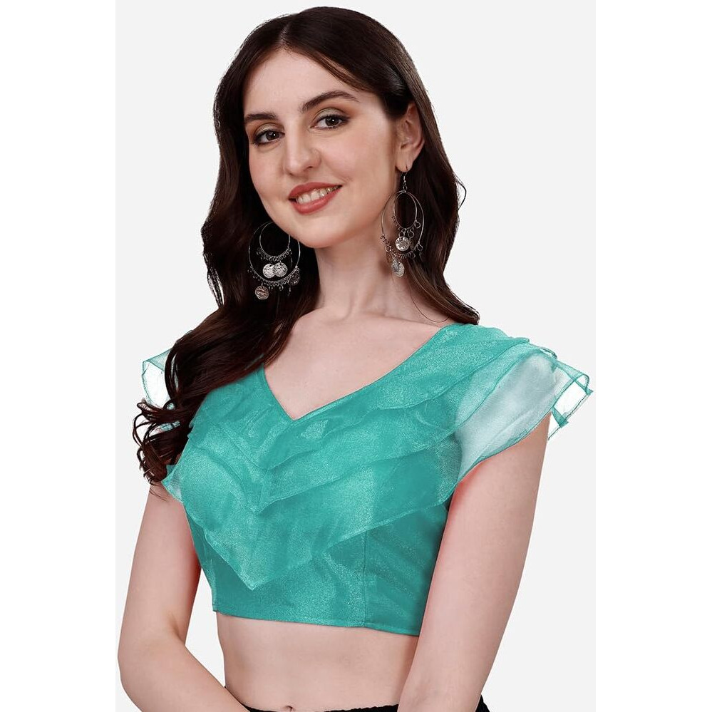 Pujia Mills Women's V Neck Orgenza Three Layer Ruffle Sleeve Frill Readymade Saree Blouse