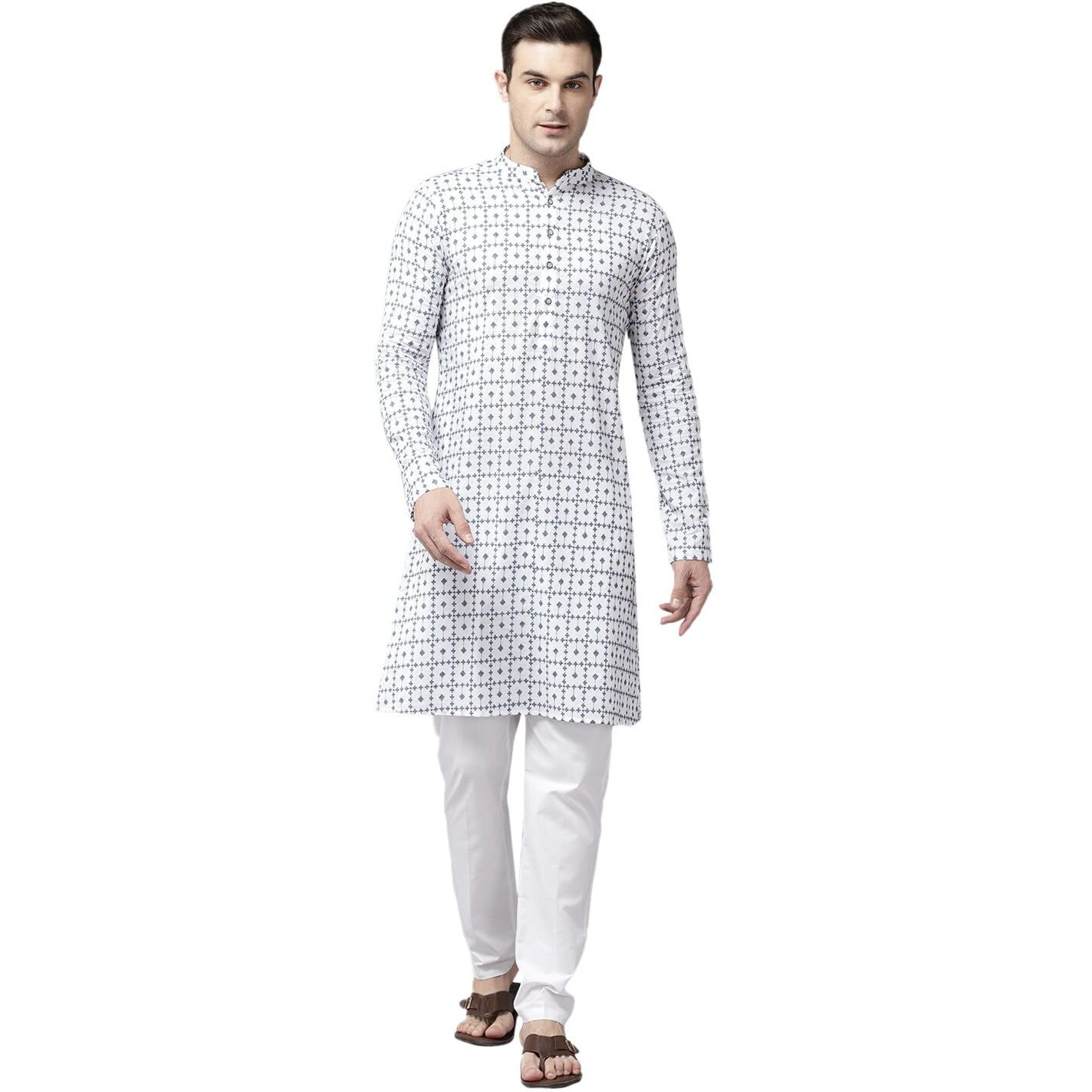 See Designs Men Mandarin Collar White & Blue Pure Cotton Embroidered Staright Full Sleeve Kurta With Pajama - Sd2Mekt_126601Xxl