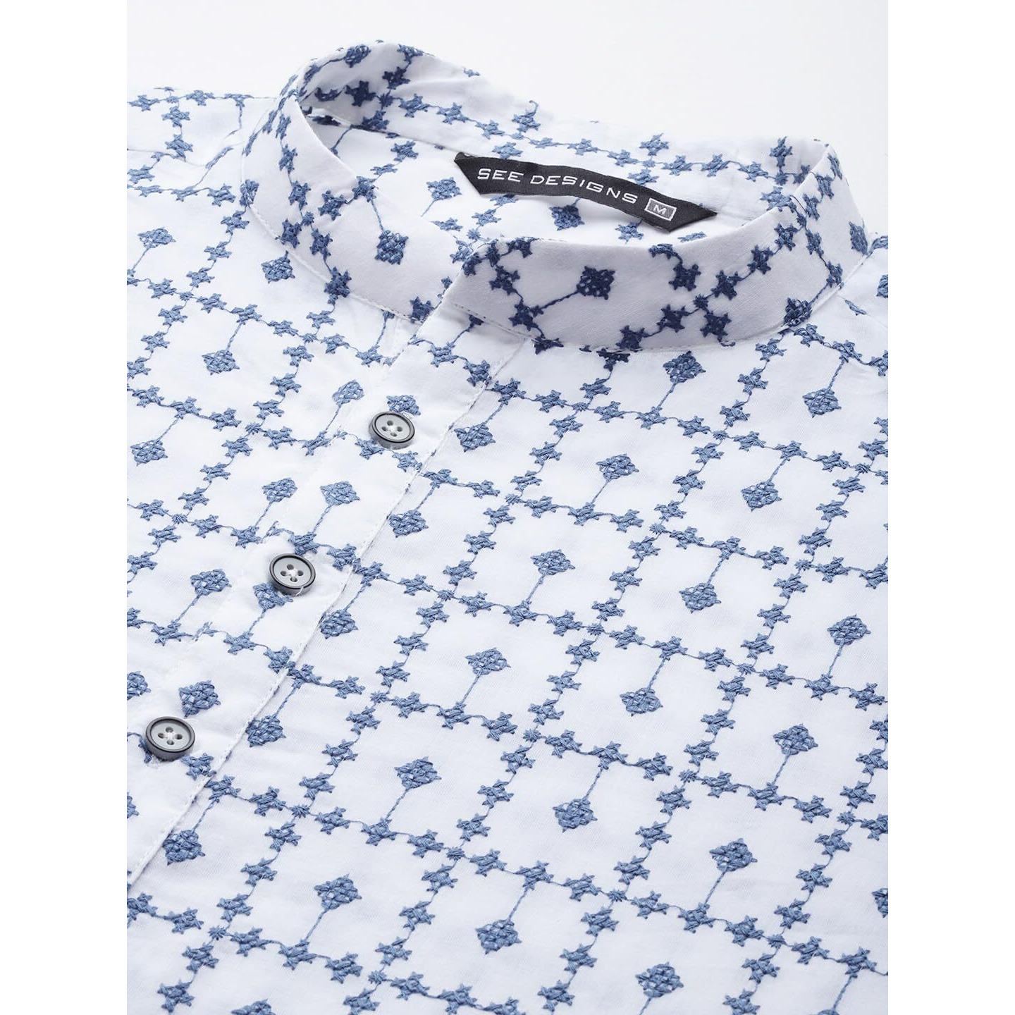 See Designs Men Mandarin Collar White & Blue Pure Cotton Embroidered Staright Full Sleeve Kurta With Pajama - Sd2Mekt_126601Xxl