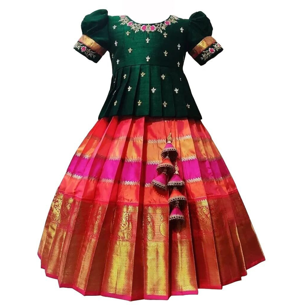 White Button New South Indian Traditional Pattu Pavadai Jecquard Lehenga Choli For Girls Dress (3-4 Years, Green Rani)