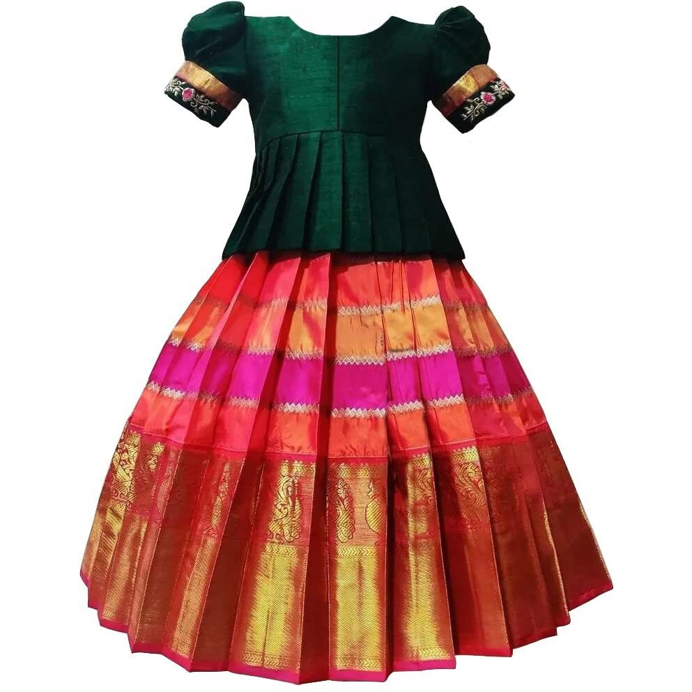 White Button New South Indian Traditional Pattu Pavadai Jecquard Lehenga Choli For Girls Dress (3-4 Years, Green Rani)