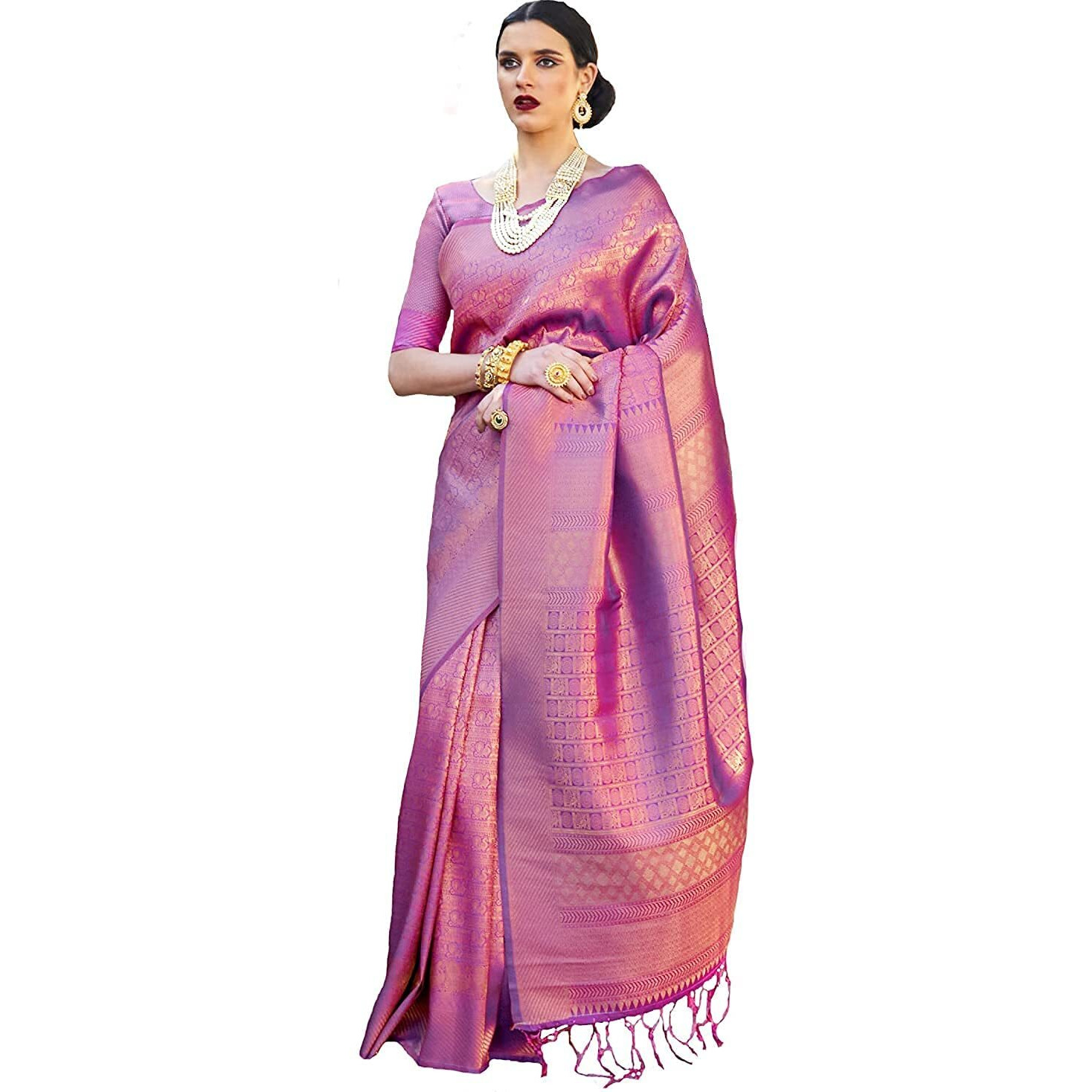 Pujia Mills Women's Banarasi Silk Saree, Women South Indian Wear Kanchipuram Jacquard Wine Color Saree