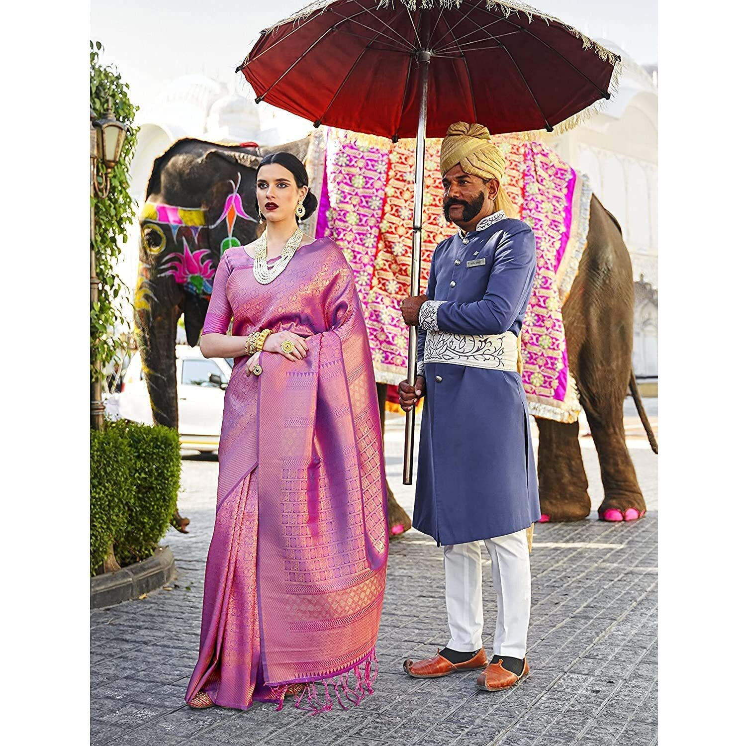 Pujia Mills Women's Banarasi Silk Saree, Women South Indian Wear Kanchipuram Jacquard Wine Color Saree