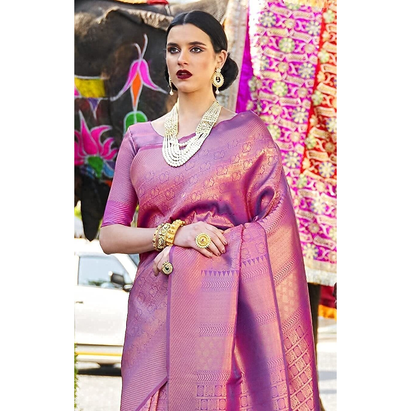 Pujia Mills Women's Banarasi Silk Saree, Women South Indian Wear Kanchipuram Jacquard Wine Color Saree