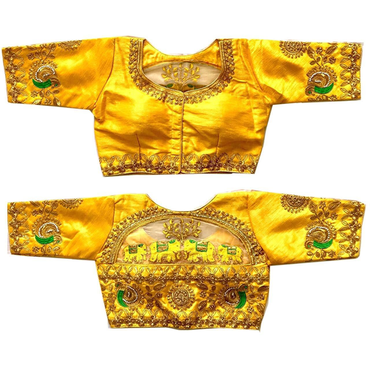 Pujia Mills Women's Silk Embroidery Half Sleeve Blouse (Dumbo Blouse_Yellow_38)