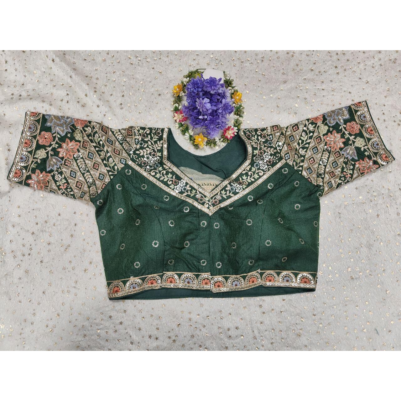 Pujia Mills Women's Ethnic Wear Golden Codding With Multi Embroidery Sequence Work Sweetheart Neck Half Sleeve Readymade Bridal Green Saree Blouse Net Cutwork Blouse For Lehenga