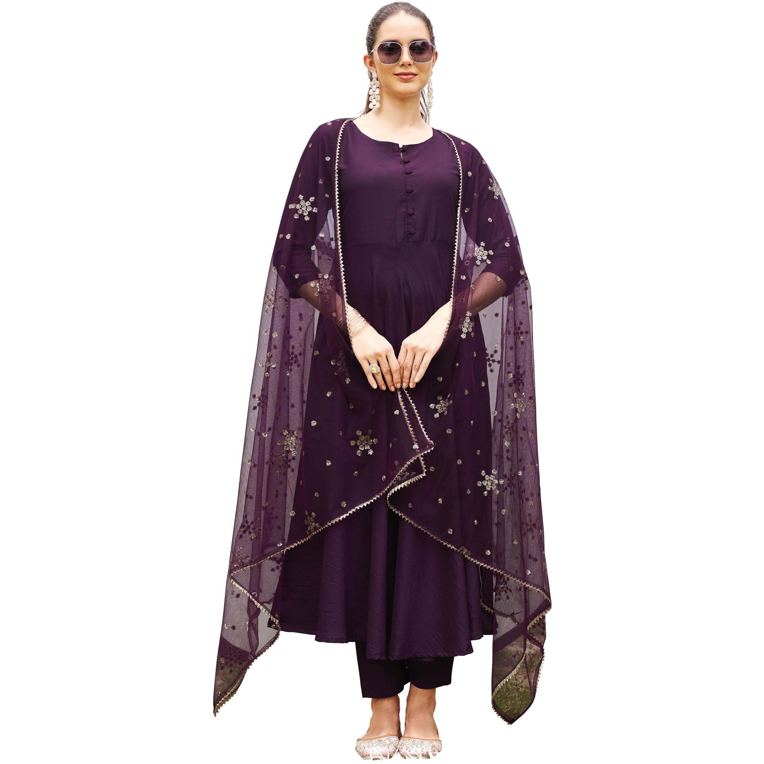 Womanista Women's Wine Anarkali Silk Kurta With Dupatta Sequence Net(Kurtaset_1072B_M)