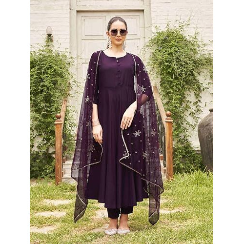 Womanista Women's Wine Anarkali Silk Kurta With Dupatta Sequence Net(Kurtaset_1072B_M)