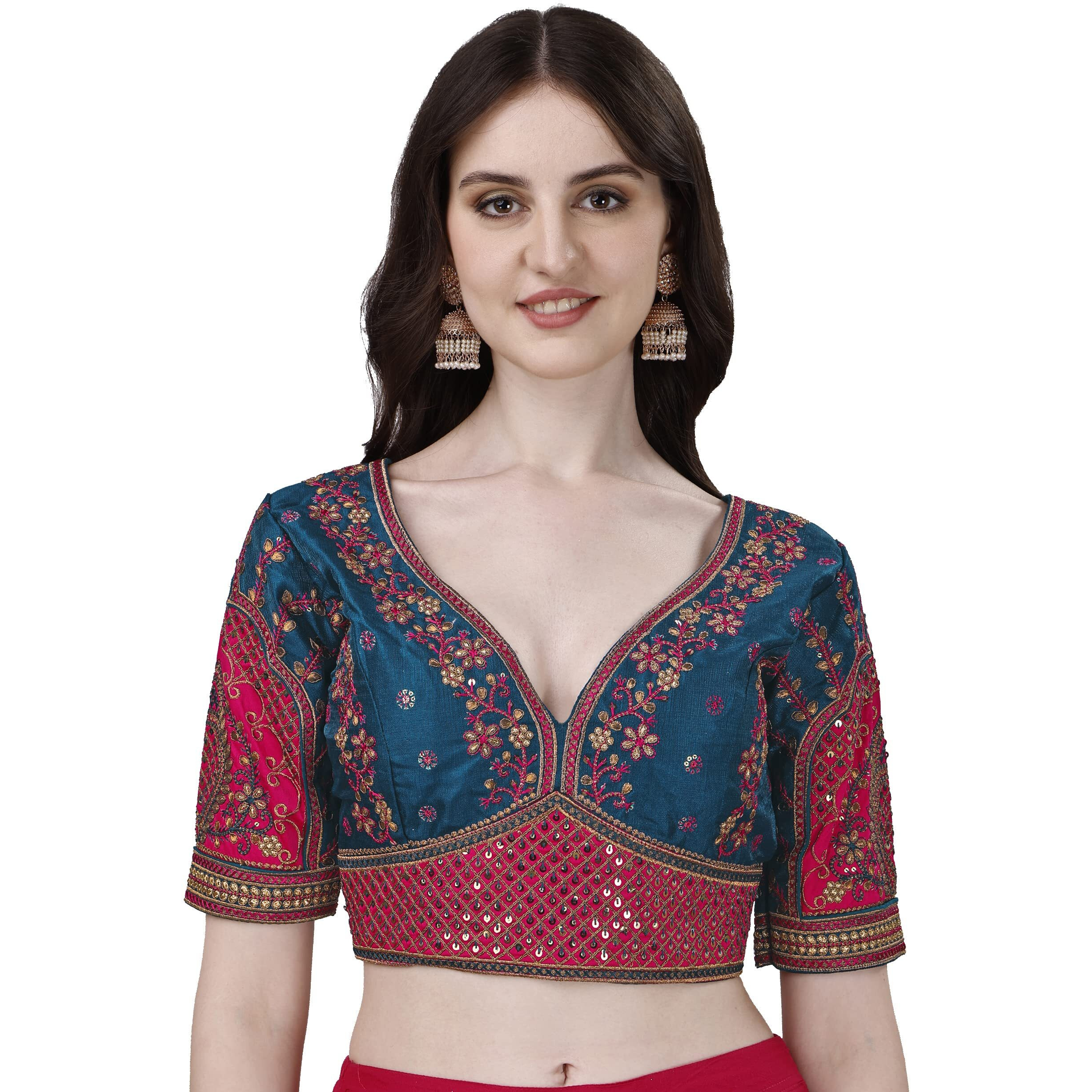Pujia Mills Women's Heavy Embroidery Coding With Sequins Work Half Sleeves Fancy Readymade Saree Blouse(Rajwadi Mor Peach_42)