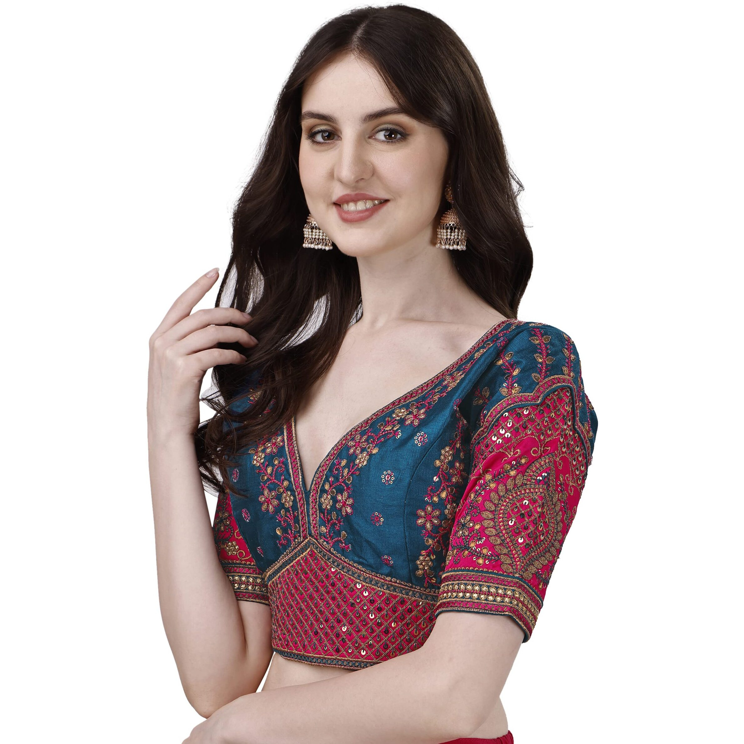 Pujia Mills Women's Heavy Embroidery Coding With Sequins Work Half Sleeves Fancy Readymade Saree Blouse(Rajwadi Mor Peach_42)