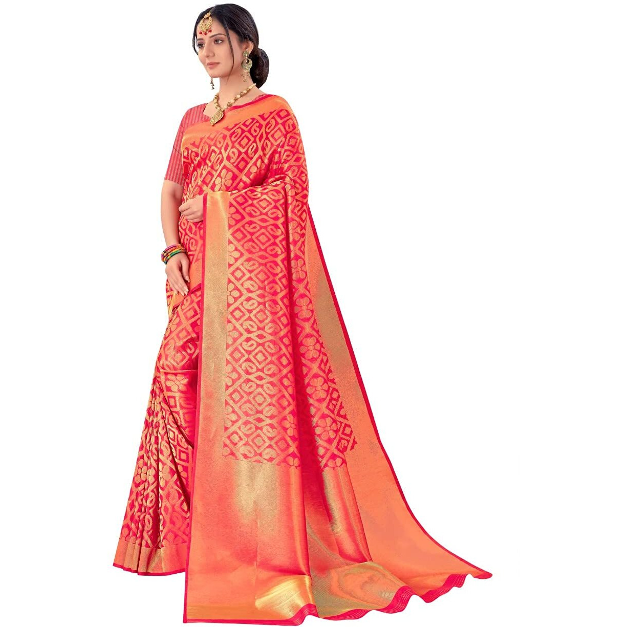 Pujia Mills Womens Kanjivaram Pure Banarasi Silk Kanchipuram Weaving Saree With Blouse (Patola Gajri)