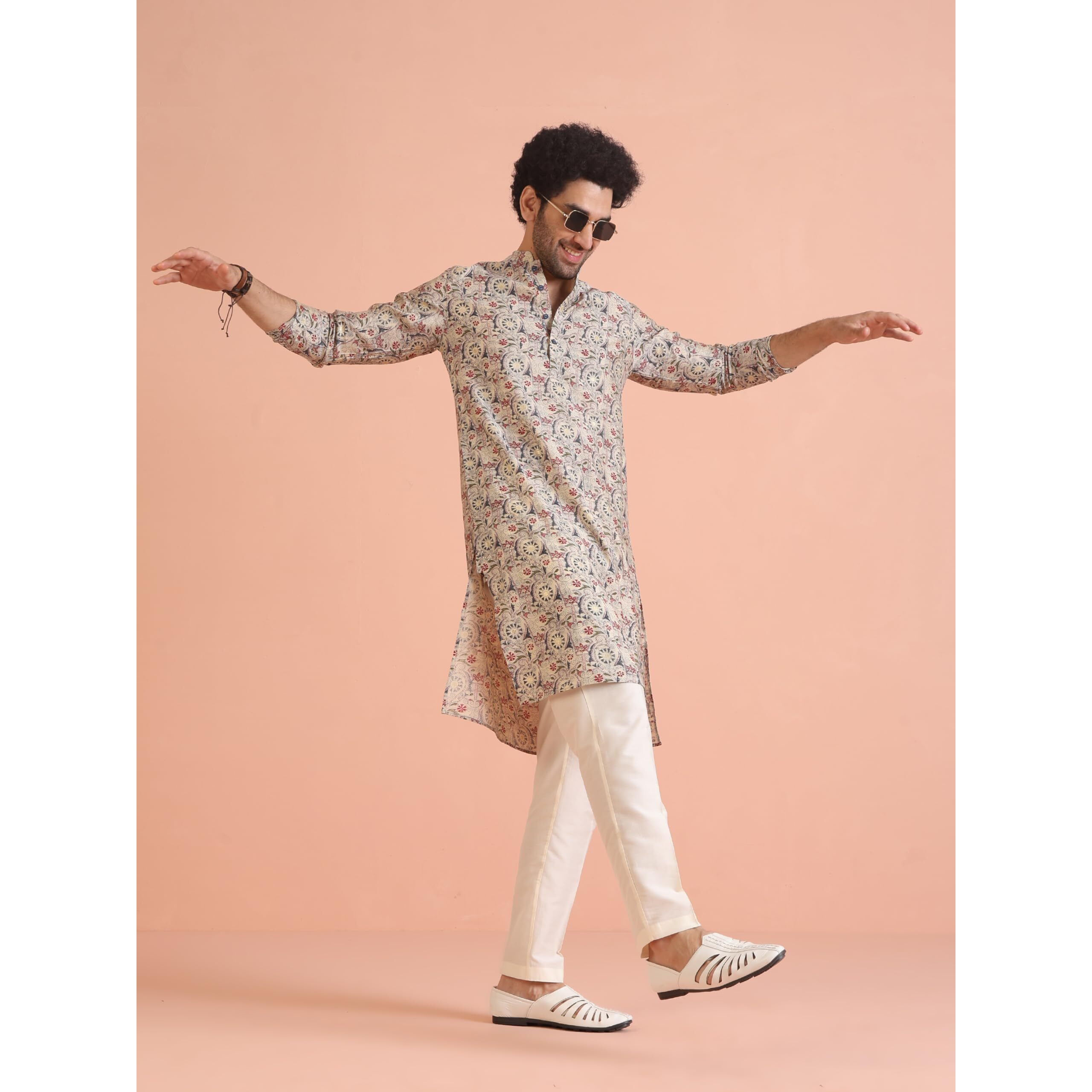 Kisah Men Multicolor Kurta, Cotton, Full Sleaves, Knee Length, Straight, Regular Fit, Mandarin Collar Ethnic Wear