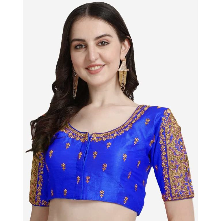 Pujia Mills Women's Silk Embroidery Half Sleeves Cut Work Saree Blouse (Gulab_Royal Blue_38)