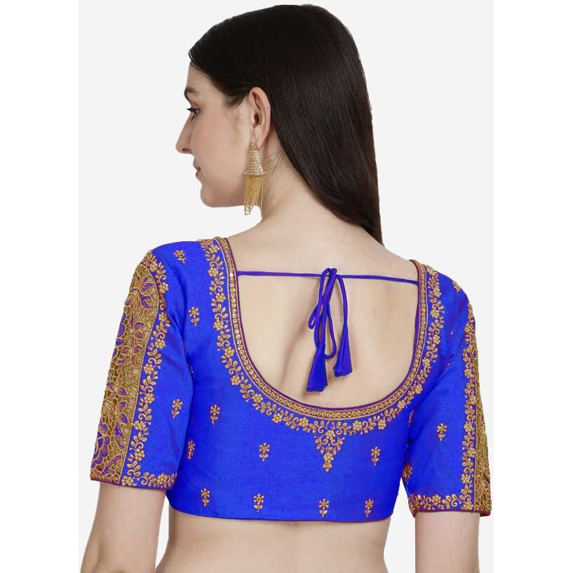 Pujia Mills Women's Silk Embroidery Half Sleeves Cut Work Saree Blouse (Gulab_Royal Blue_38)