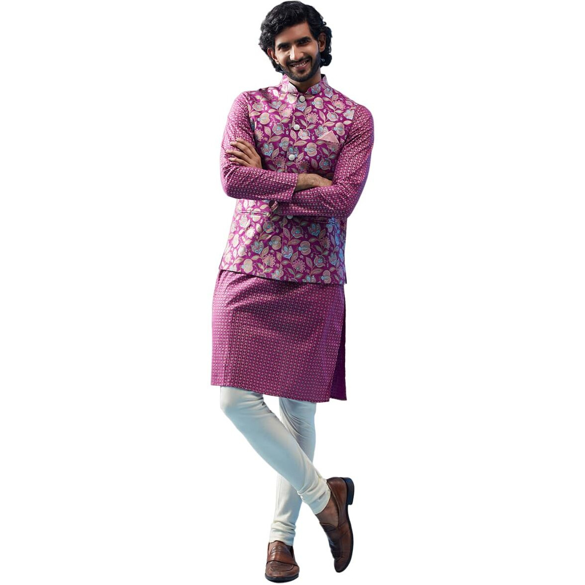 Kisah Men's Hot Pink Kurta Jacket Churidar Set, Regular Fit Knee Length Full Sleeves (M)