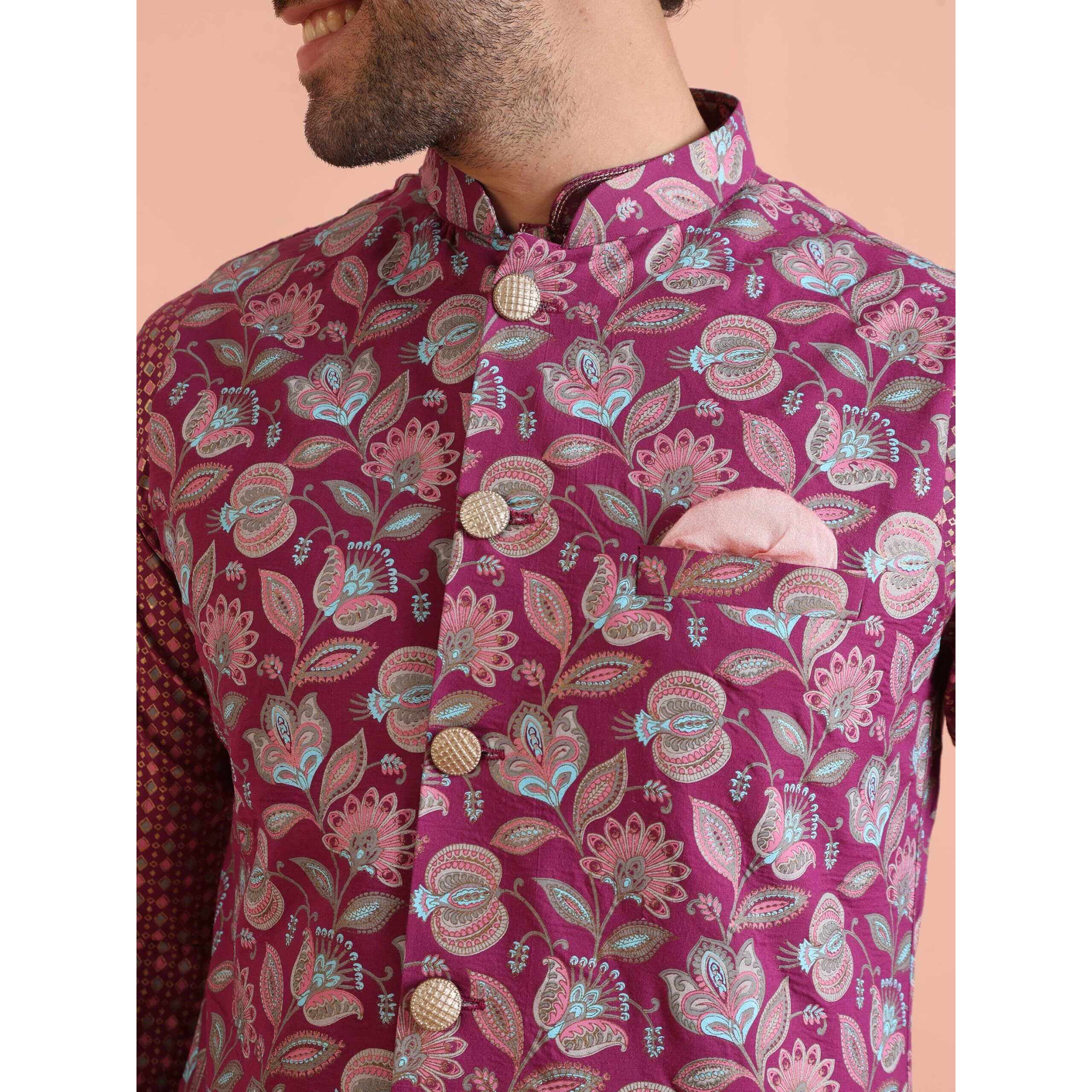 Kisah Men's Hot Pink Kurta Jacket Churidar Set, Regular Fit Knee Length Full Sleeves (M)