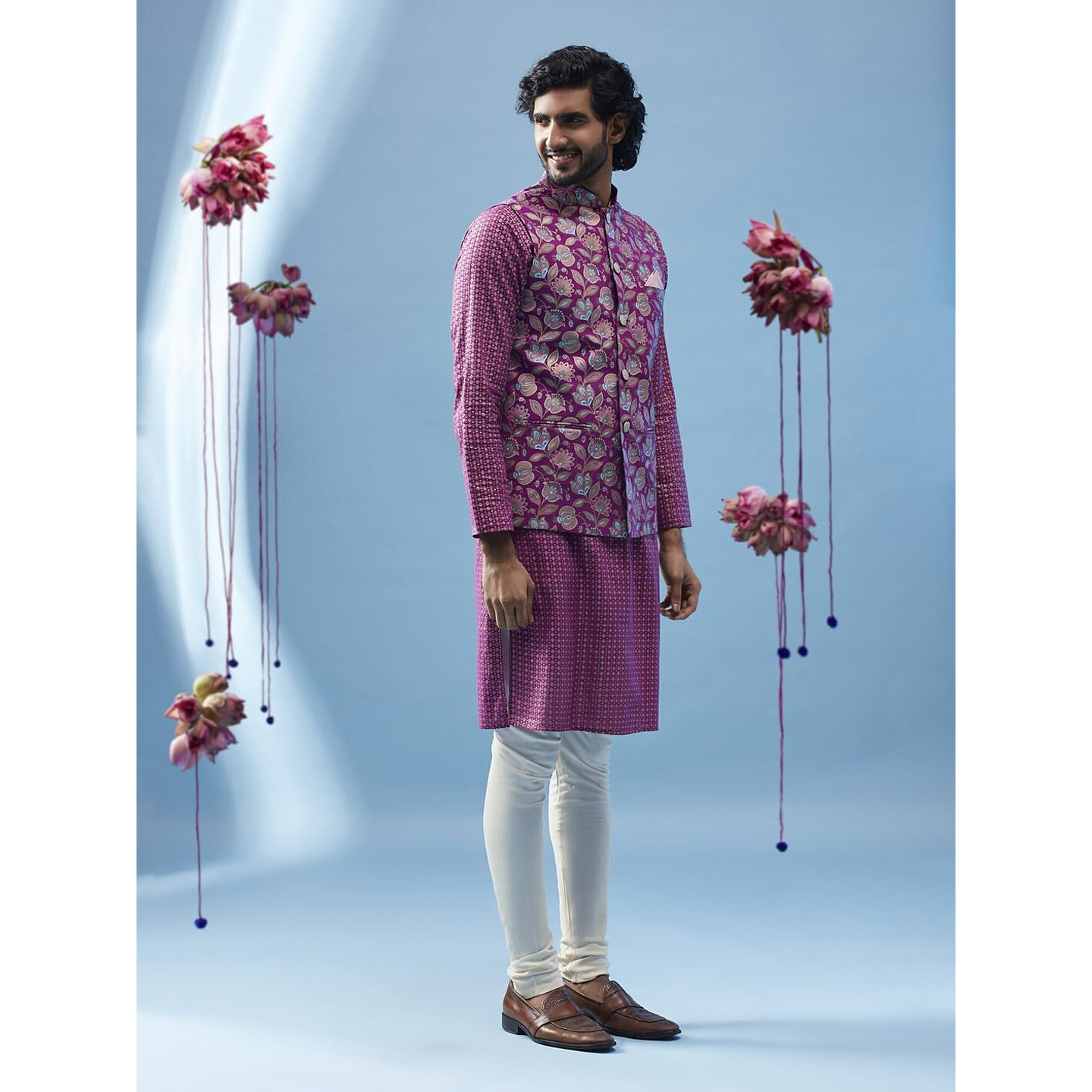 Kisah Men's Hot Pink Kurta Jacket Churidar Set, Regular Fit Knee Length Full Sleeves (M)