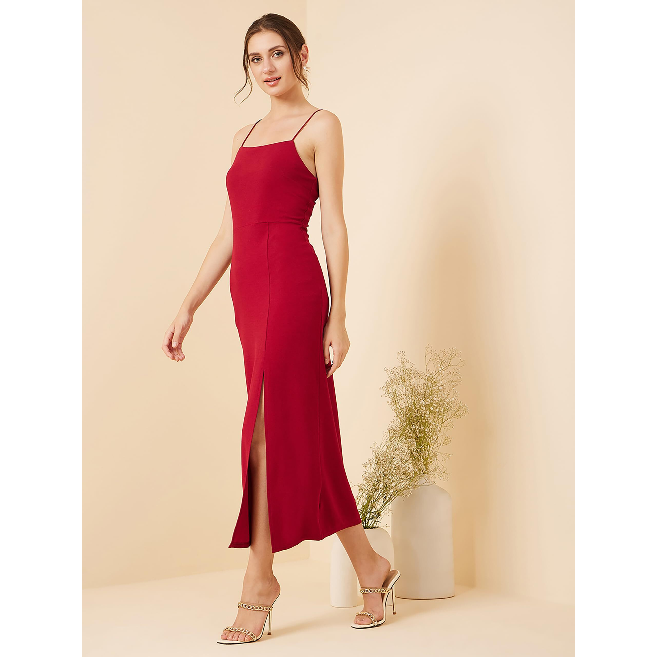 Rare Women's Spandex A-Line Midi Dress (Ep8006C_Red_Xl)