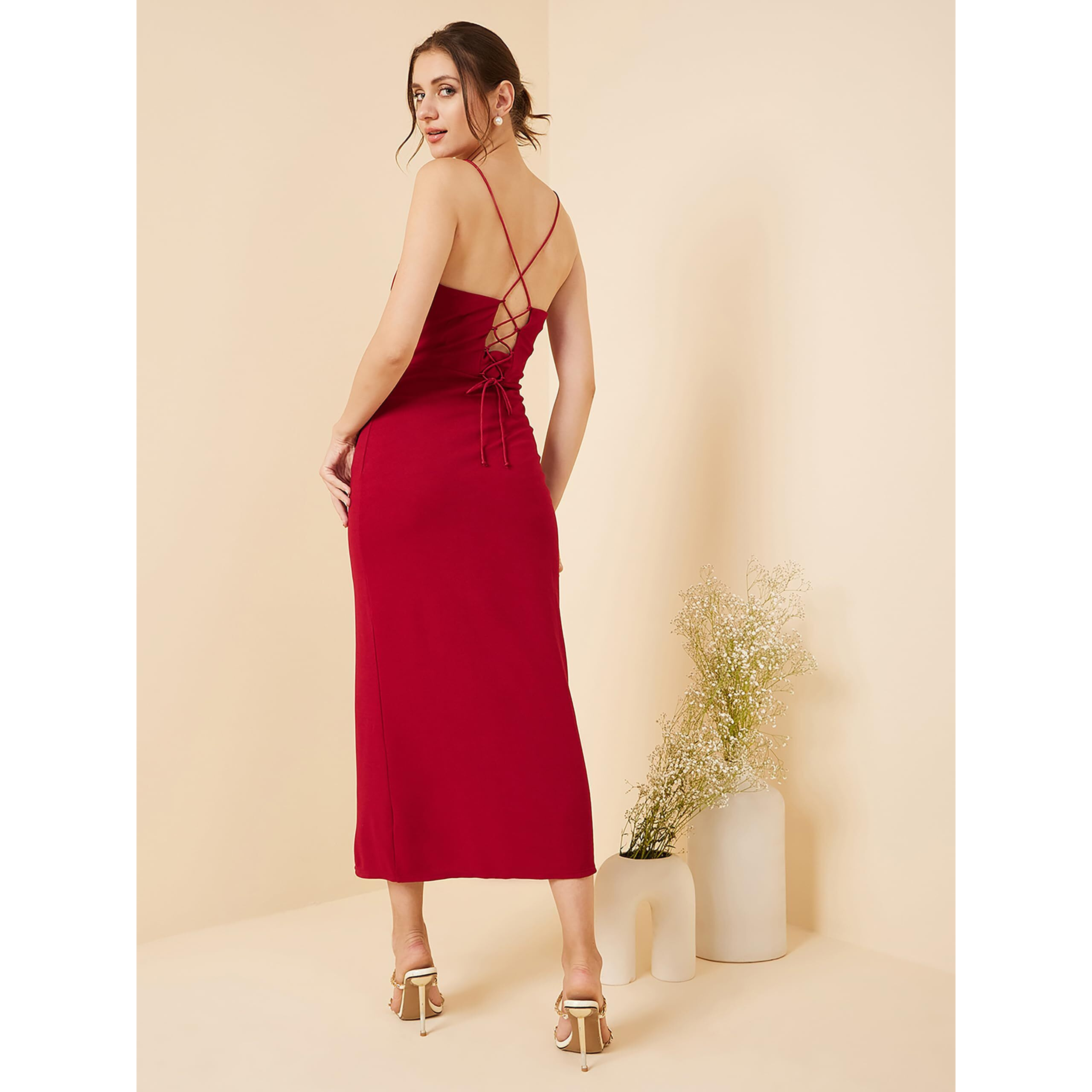 Rare Women's Spandex A-Line Midi Dress (Ep8006C_Red_Xl)