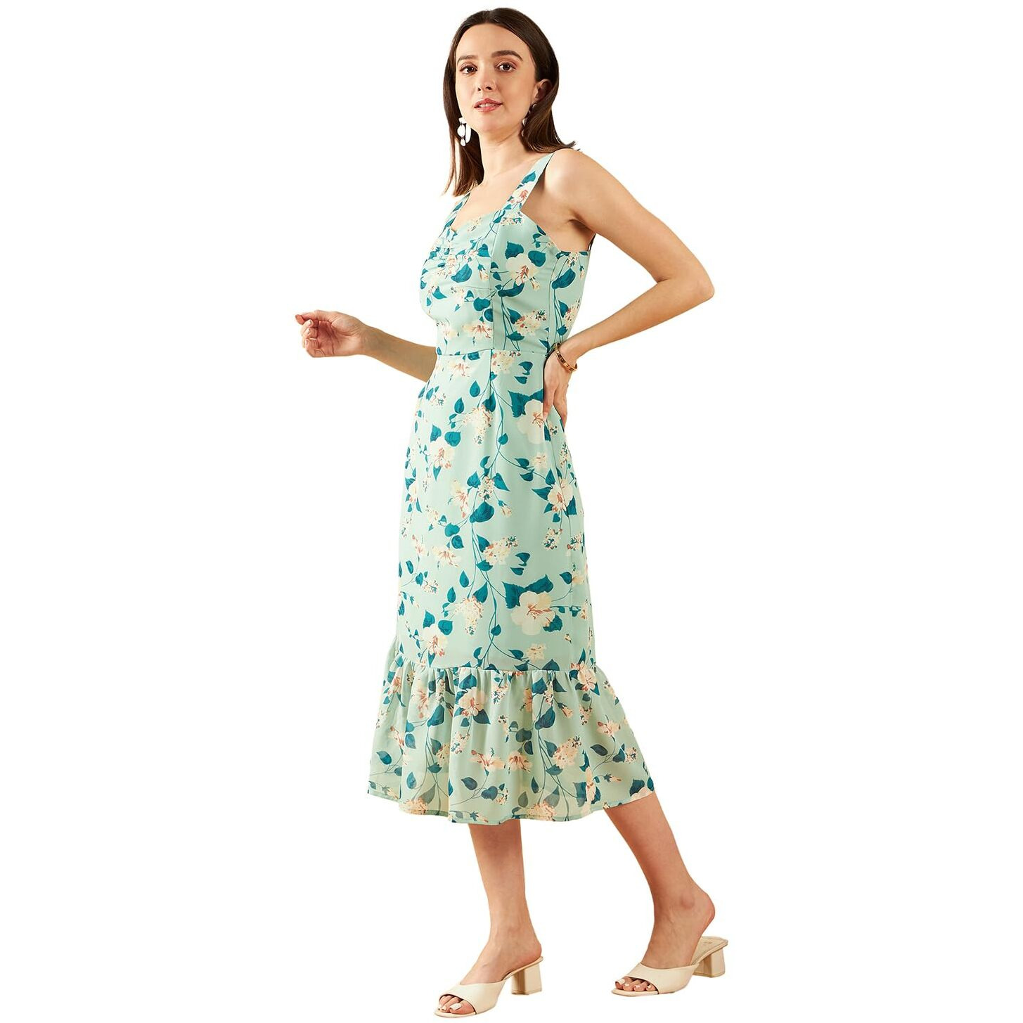 Rare Women's Polyester A-Line Mid-Calf Length Dress (Ep7552A_Green_L)
