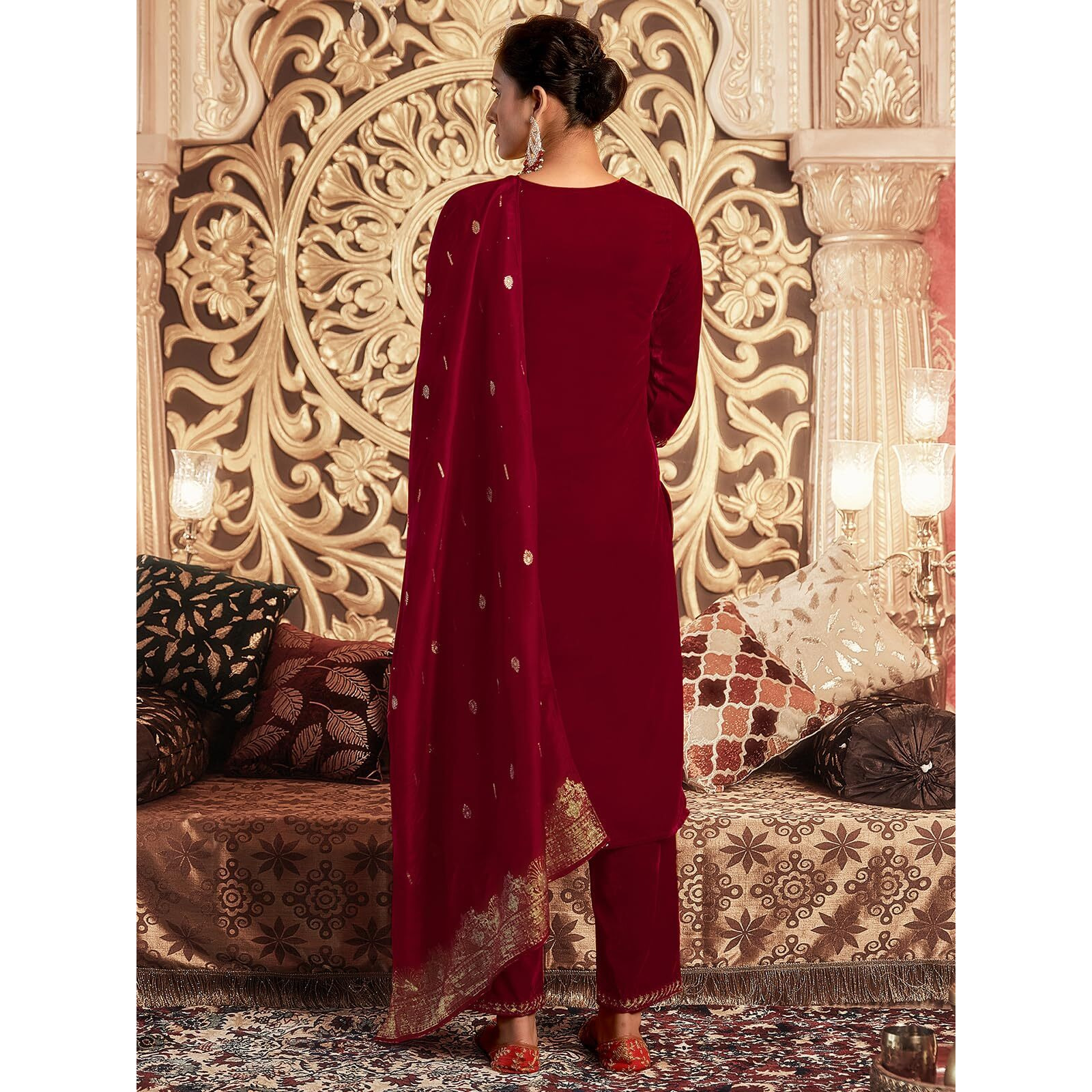 Sanisa Women's Velvet Sequins Embroidery Straight Kurta With Pant And Dupatta Set (218Kbd2313N-M_Red)