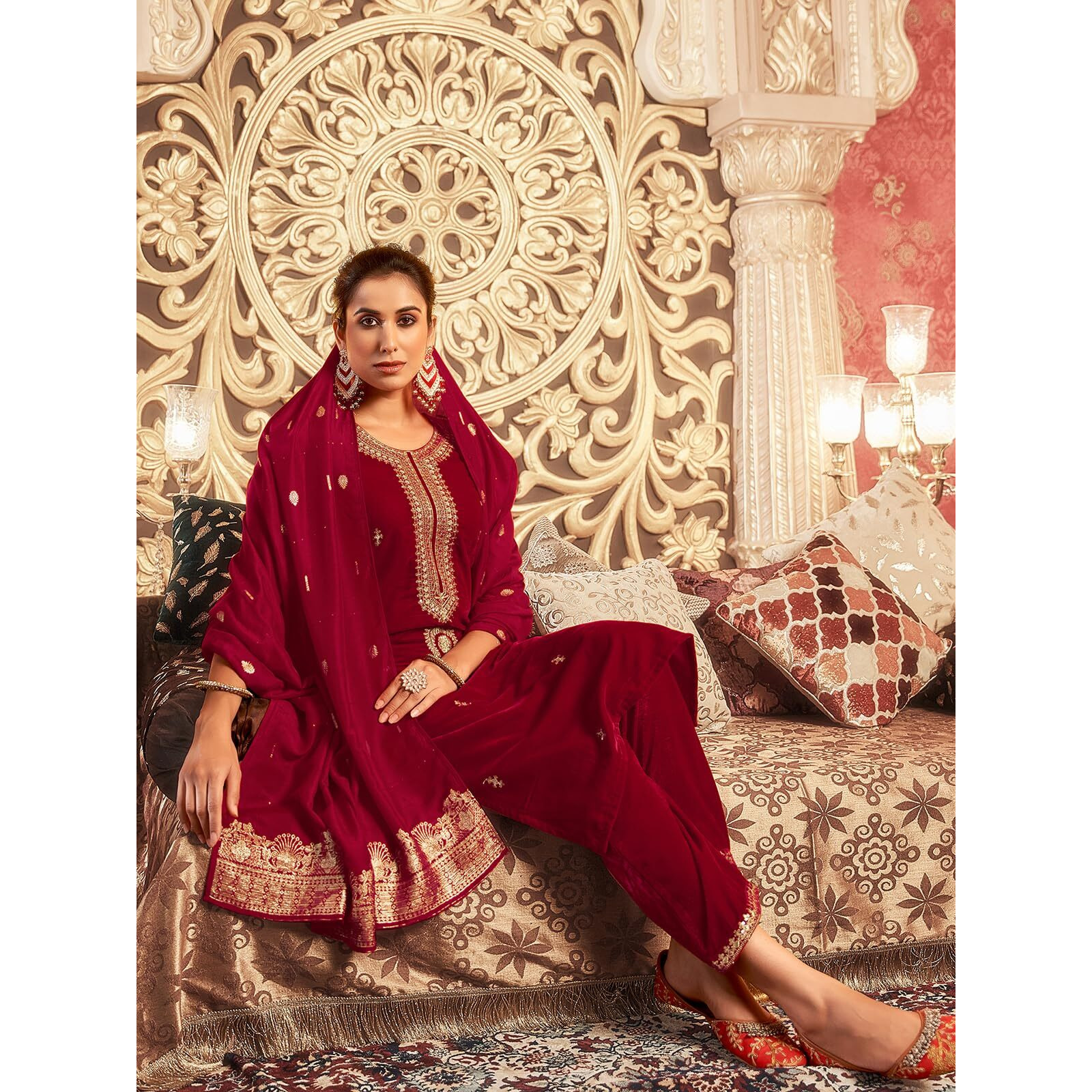 Sanisa Women's Velvet Sequins Embroidery Straight Kurta With Pant And Dupatta Set (218Kbd2313N-M_Red)