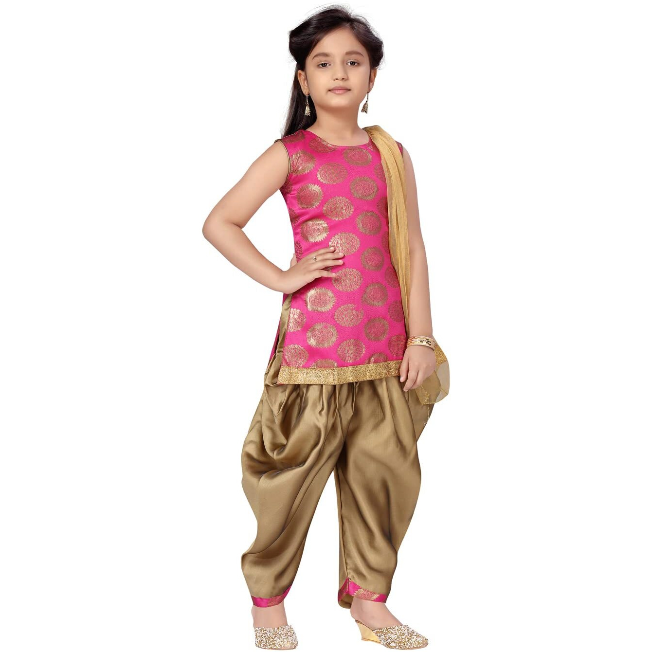 Aarika Girl's Silk Kurti Patiala Set (Pt-18541_Rani-Gold_36)